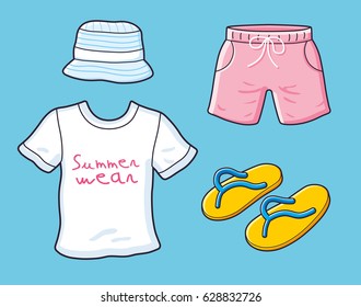 Bucket hat, white t-shirt, pink shorts, yellow flip-flops thongs slippers, summer wear vector icons set.