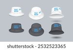 Bucket hats with branding areas realistic vector illustration set. Mockup headwear in black and white colors template 3d models on grey