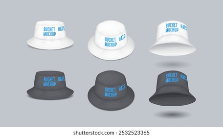 Bucket hats with branding areas realistic vector illustration set. Mockup headwear in black and white colors template 3d models on grey