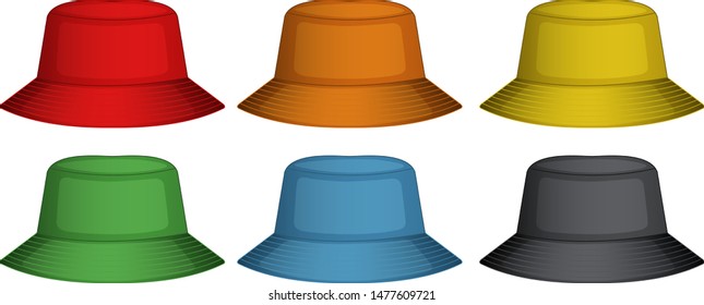 Bucket hats in six different colors illustration