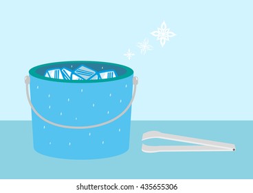 Bucket of Ice with snow symbols and tongs. Editable Clip Art.