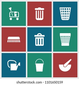 Bucket icon. collection of 9 bucket filled icons such as trash bin, delete trash bin, cleaning tools, clean brush. editable bucket icons for web and mobile.