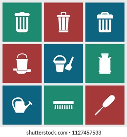 Bucket icon. collection of 9 bucket filled icons such as canister, dust brush, clean brush, watering can. editable bucket icons for web and mobile.