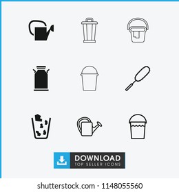 Bucket icon. collection of 9 bucket filled and outline icons such as dust brush, watering can, canister. editable bucket icons for web and mobile.