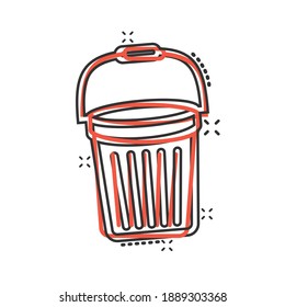 Bucket icon in comic style. Garbage pot cartoon vector illustration on white isolated background. Pail splash effect business concept.