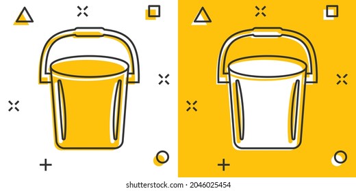 Bucket icon in comic style. Garbage pot cartoon vector illustration on white isolated background. Pail splash effect business concept.