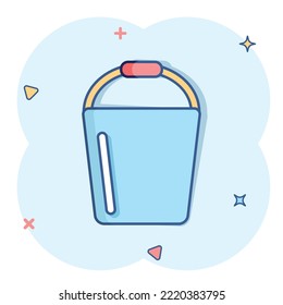 Bucket icon in comic style. Garbage pot cartoon vector illustration on white isolated background. Pail splash effect business concept.