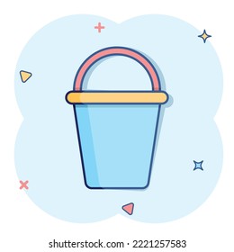 Bucket icon in comic style. Garbage pot cartoon vector illustration on white isolated background. Pail splash effect business concept.