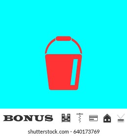 Bucket icon flat. Red pictogram on blue background. Vector illustration symbol and bonus buttons Music center, corkscrew, credit card, house, drum