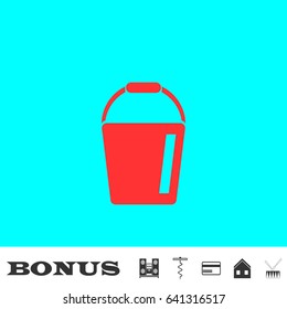 Bucket icon flat. Red pictogram on blue background. Vector illustration symbol and bonus buttons Music center, corkscrew, credit card, house, drum