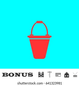Bucket icon flat. Red pictogram on blue background. Vector illustration symbol and bonus buttons Music center, corkscrew, credit card, house, drum