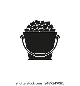 Bucket icon with ice cubes. Vector silhouette on a white background.