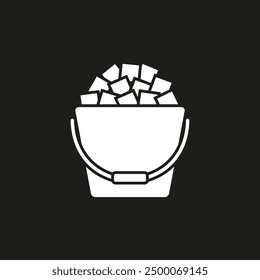 Bucket icon with ice cubes. Vector drawing and illustration on a dark black background.