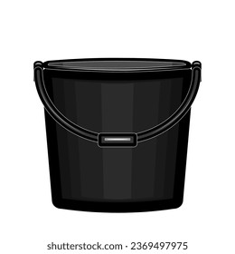 Icono del cubo sobre fondo blanco. Cubo vacío de plástico para limpieza doméstica y lavado de casa. Cubierta o contenedor de silueta negra con manija. Icono de cubo de basura o jardín.Ilustración vectorial de material