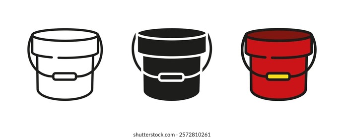 Bucket icon. Pail symbol. Plastic sand bucket toy vector illustration. Red household water container or trash can sign. Gardening pictogram. Red garden pot with handle isolated concept.