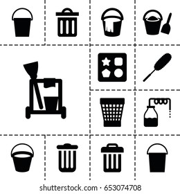 Bucket icon. set of 13 filled bucketicons such as canister, bucket, from toy for beach, cleaning tools, dust brush, trash bin, delete trash bin