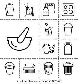 Bucket icon. set of 13 outline bucket icons such as canister, bucket, from toy for beach, cleaning tools, clean brush