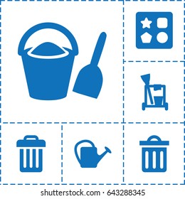 Bucket icon. set of 6 bucket filled icons such as from toy for beach, cleaning tools, watering can, delete trash bin, trash bin