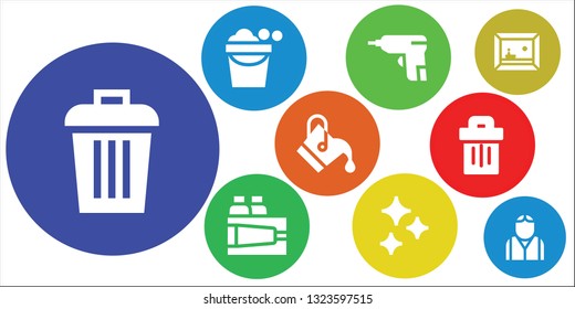 bucket icon set. 9 filled bucket icons.  Collection Of - Trash, Bucket, Caulk gun, Paint, Clean, Painting, Bartender