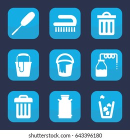 Bucket icon. set of 9 filled bucket icons such as canister, dust brush, clean brush, trash bin