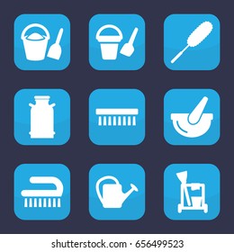 Bucket icon. set of 9 filled bucket icons such as canister, cleaning tools, dust brush, clean brush