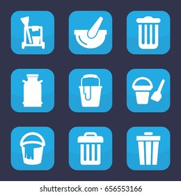 Bucket icon. set of 9 filled bucket icons such as canister, cleaning tools