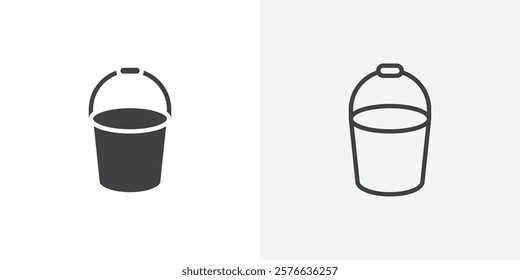 Bucket icon set in black flat solid and outlined style.