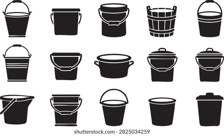 Bucket icon set with black shapes for cleaning gardening and outdoor household maintenance