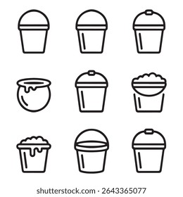 Bucket Icon Set for Cleaning.Various Empty and Filled Plastic Buckets Icons
