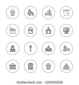 Bucket icon set. collection of 16 outline bucket icons with bartender, carpet beater, dustpan, maid, paint, painting, popcorn, sand castle icons.