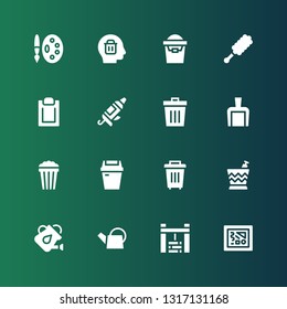 bucket icon set. Collection of 16 filled bucket icons included Painting, Water well, Watering can, Bucket, Trash, Popcorn, Dustpan, Caulk gun, Padnote, Duster, Sand Delete
