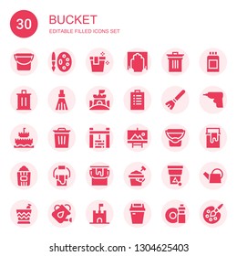 bucket icon set. Collection of 30 filled bucket icons included Bucket, Painting palette, Cleaning, Bin, Trash, Broom, Sand castle, Padnote, Water well, Painting, Popcorn, Paint