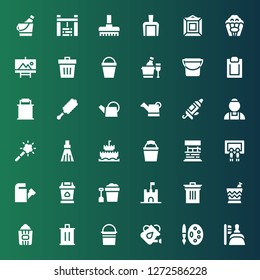 bucket icon set. Collection of 36 filled bucket icons included Dustpan, Painting palette, Watering can, Bucket, Trash, Popcorn, Bin, Sand castle, Painting, Water well, Broom, Magic tool