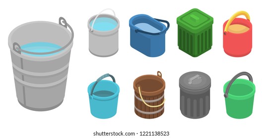 Bucket icon set. Isometric set of bucket vector icons for web design isolated on white background