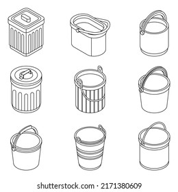 Bucket icon set. Isometric set of bucket vector icons outline isolated on white background