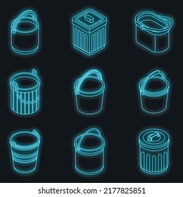Bucket icon set. Isometric set of bucket vector icons neon on black