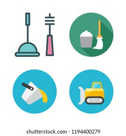 bucket icon set. vector set about bulldozer, mop, cleaning tools and paint bucket icons set.