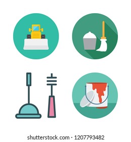 bucket icon set. vector set about bulldozer, cleaning tools, paint bucket and mop icons set.