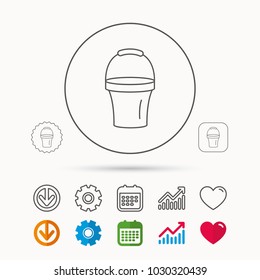 Bucket icon. Trash bin sign. Garden equipment symbol. Calendar, Graph chart and Cogwheel signs. Download and Heart love linear web icons. Vector