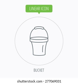 Bucket icon. Trash bin sign. Garden equipment symbol. Linear outline circle button. Vector