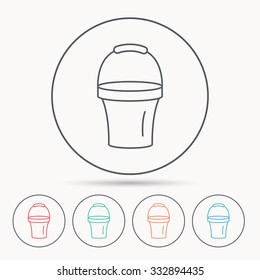 Bucket icon. Trash bin sign. Garden equipment symbol. Linear circle icons.