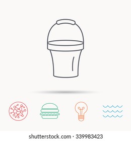 Bucket icon. Trash bin sign. Garden equipment symbol. Global connect network, ocean wave and burger icons. Lightbulb lamp symbol.