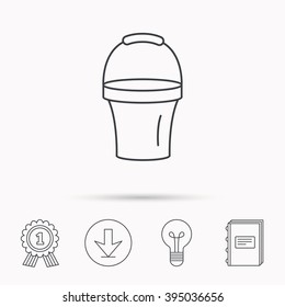 Bucket icon. Trash bin sign. Garden equipment symbol. Download arrow, lamp, learn book and award medal icons.