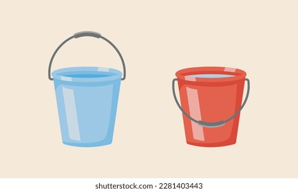 Bucket icon. Vector illustration of a bucket graphic of a blue and red sheet filled with water. Designed in flat cartoon style. Bucket symbol.