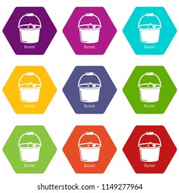 Bucket icons 9 set coloful isolated on white for web