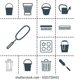 Bucket icons. set of 13 editable filled and outline bucket icons such as clean brush, from toy for beach, dust brush, trash bin, delete trash bin
