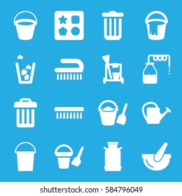 bucket icons set. Set of 16 bucket filled icons such as canister, from toy for beach, cleaning tools, clean brush, trash bin