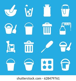 Bucket icons set. set of 16 bucket filled icons such as canister, from toy for beach, cleaning tools, dust brush, trash bin