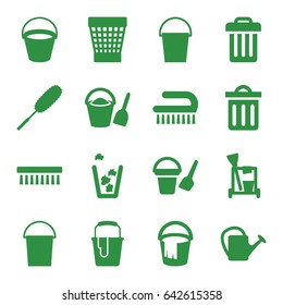 Bucket icons set. set of 16 bucket filled icons such as cleaning tools, dust brush, clean brush, trash bin, watering can