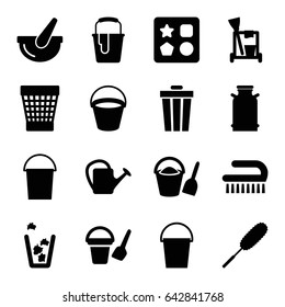 Bucket icons set. set of 16 bucket filled icons such as canister, from toy for beach, cleaning tools, dust brush, clean brush, trash bin